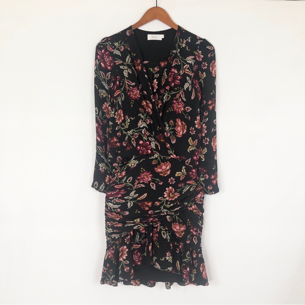ALC Haven Silk Floral Dress Size 4 Black Red‎ Mini Long Sleeve Drop Waist